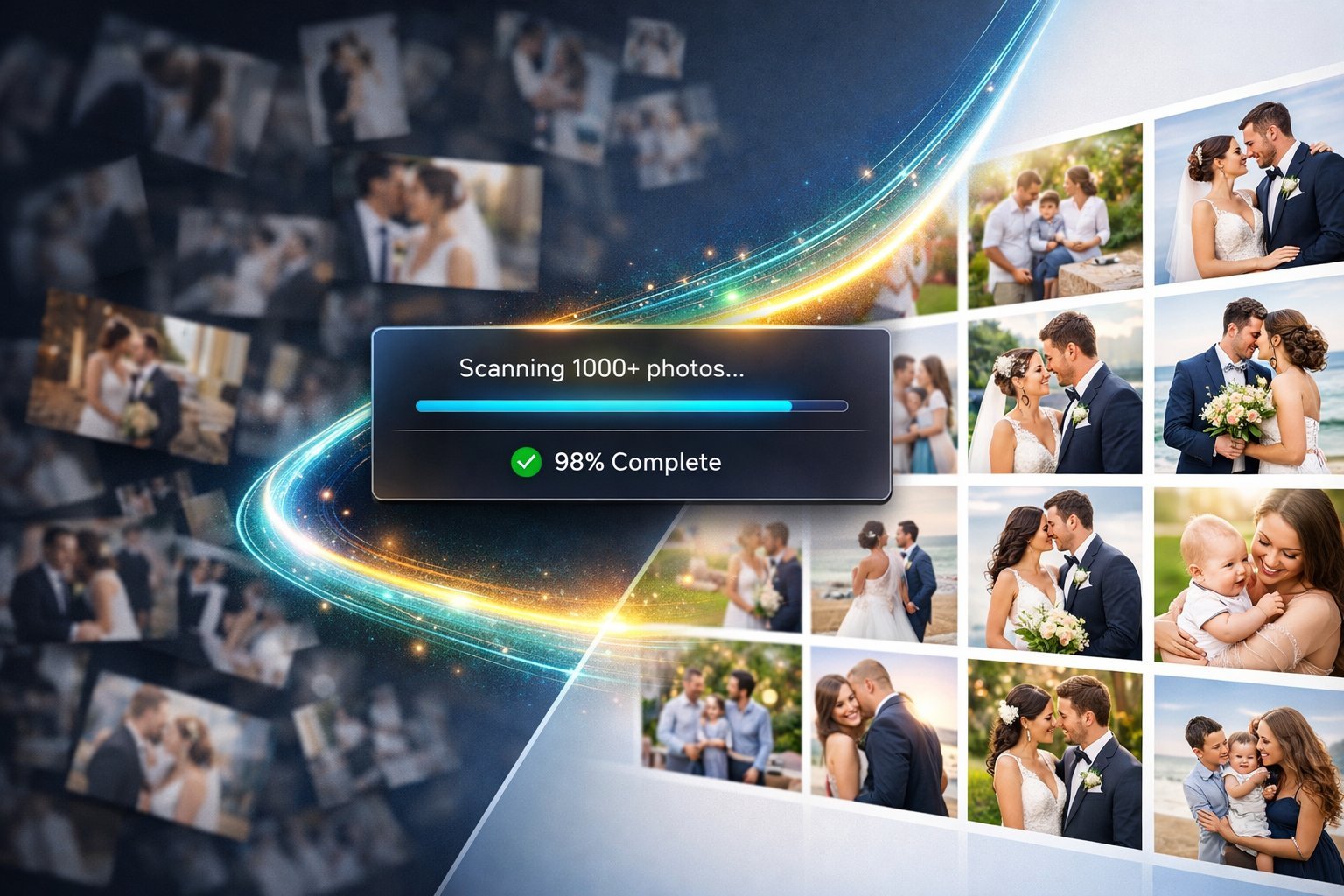 FrameSort AI photo sorting — scanning 1000+ wedding photos